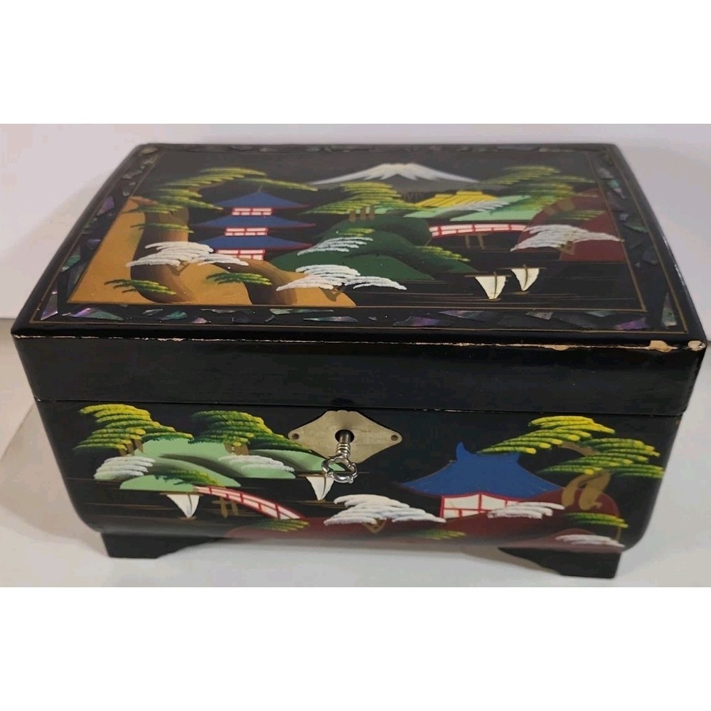 Vintage Crestline Japan Music Jewelry Box Black Lacquered Painted Mirror Locking